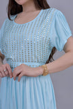 Jalabiya with embroidered pleated design with a sky-blue belt