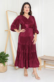 Plisse dress with long puff sleeves, burgundy