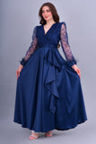 Long dress with sequined bodice and feathers, navy blue