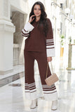 Two-piece sweater set decorated with stripes print, brown 