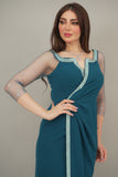 Maxi dress with tulle sleeves decorated with a turquoise crystal ribbon