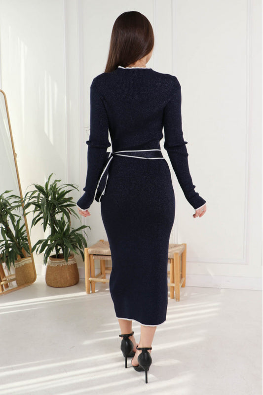 Midi dress with a wrap belt attached to the waist, navy blue 