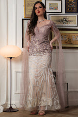 Embroidered evening dress with cape sleeves, pink color