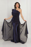 Navy one-shoulder shiny jersey dress