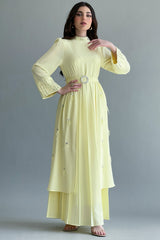 Yellow crystal embroidered pleated dress