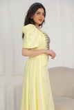 Yellow evening dress with embroidered chest and tail