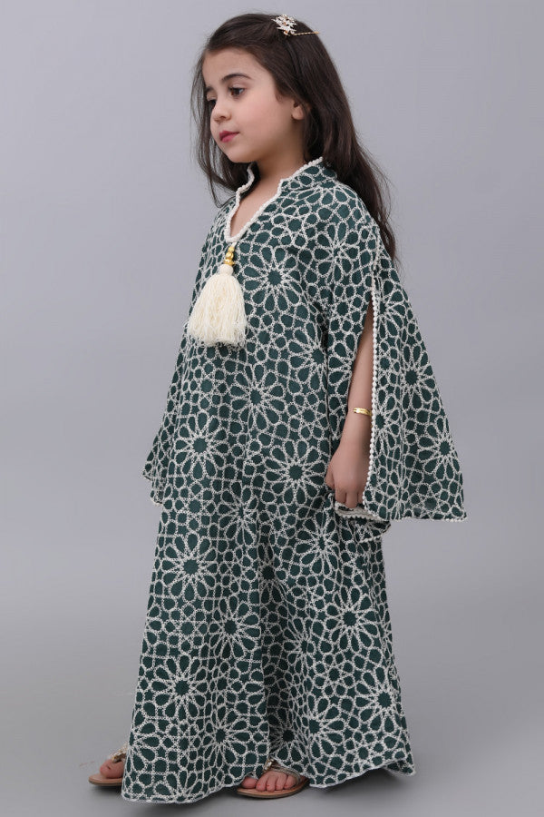 Girls embroidered oriental galabiya with wide sleeves, green color