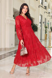 Floral lace midi dress with long sleeves, red 