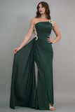 Green one-shoulder jersey evening dress embroidered with crystals