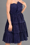 Short layered sequin evening dress, navy blue