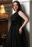 Evening dress with a pleated design on the chest, one shoulder, black color