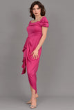 Satin off-shoulder midi dress with slit, fuchsia color