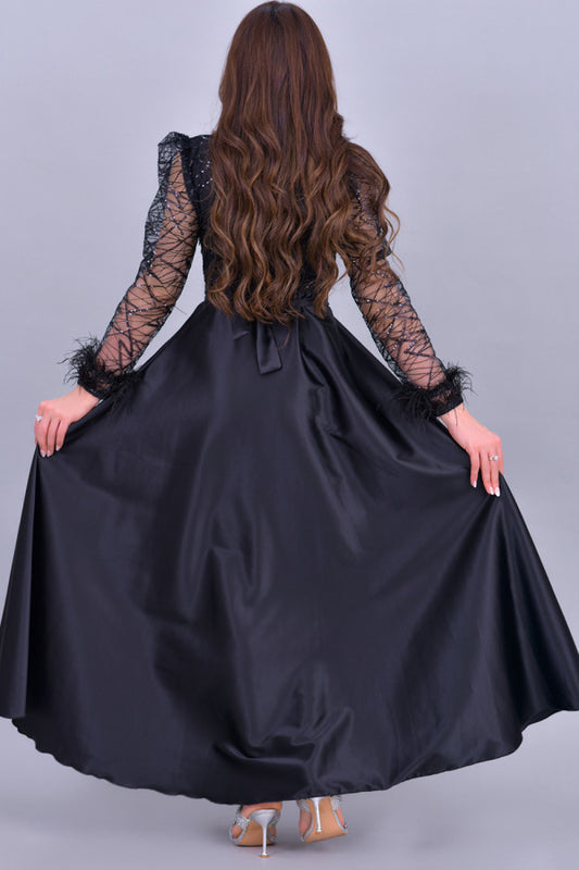 Long dress embroidered with sequins and feathers, black