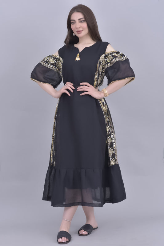 Oriental galabiya with open shoulder, embroidered, black
