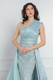 One shoulder embroidered evening dress in Tiffany color