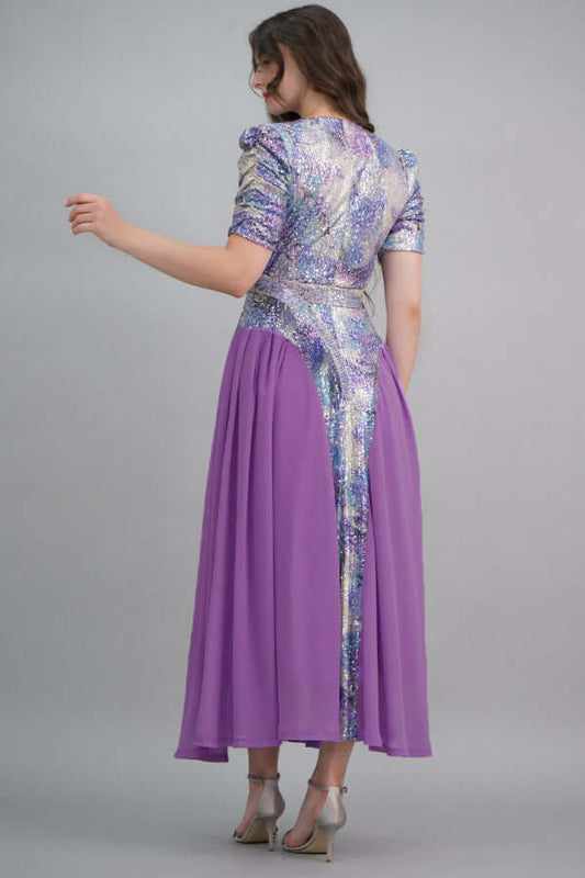 Mauve color wavy sequin dress with pleats