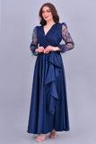 Long dress with sequined bodice and feathers, navy blue