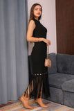 Winter dress decorated with frills and cap sleeves, black 