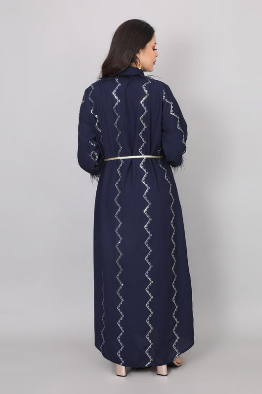 Jalabiya embroidered with sequins and decorated with feathers, navy blue color