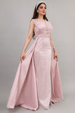 Evening dress embroidered with a pink train design