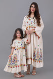 Girls' robe made of linen, embroidered with colorful patterns, beige 