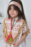 Girls' linen robe with green patterns on the back, decorated with brick-coloured tassels 