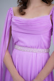 Soft evening dress with cape sleeves and an embroidered belt, lavender color