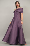 Mikado taffeta evening dress with bow sleeves, mauve color