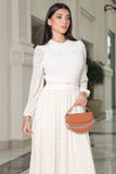 White lace sweater dress with belt at the waist 