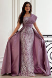 One-shoulder embroidered evening dress, mauve color