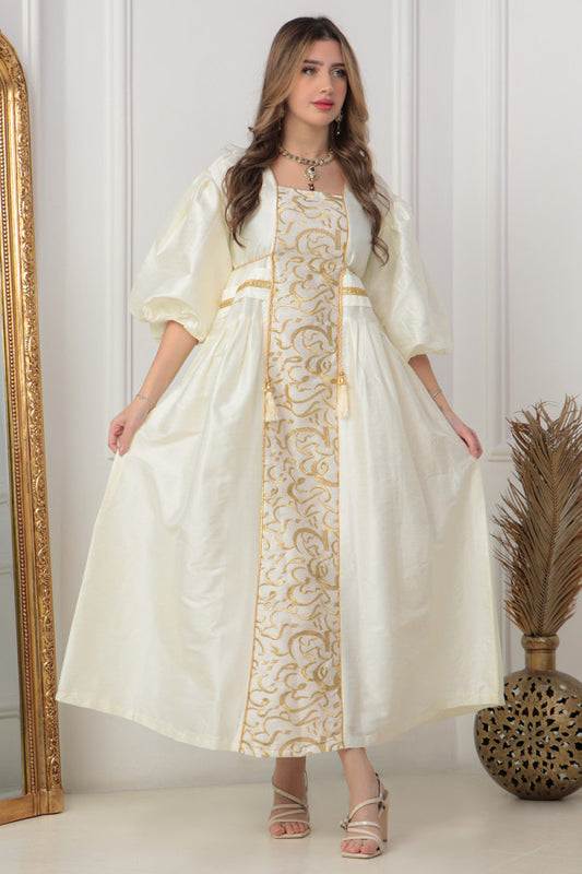 Oriental galabiya embroidered with puff sleeves, sugar colour 