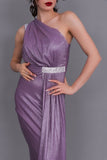 One-shoulder evening dress decorated with a crystal ribbon, mauve color