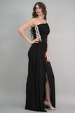 Black one-shoulder jersey evening dress embroidered with crystals