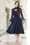 Lace midi dress with velvet belt, navy blue 