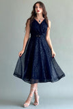 Short evening dress made of mesh tulle with sequins, navy blue