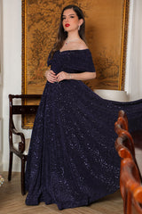 Evening dress with off-shoulder design, navy blue