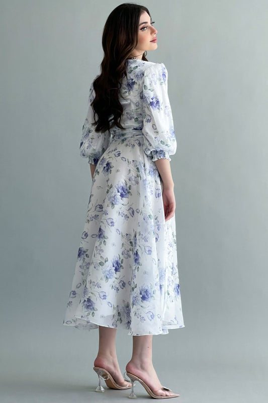 Floral chiffon dress with wrap style, mauve color