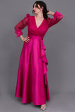 Long dress with sequined bodice and feathers, fuchsia color