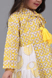 Girls' jalabiya with cloche design and Islamic patterns, yellow colour 