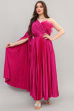 One-shoulder cape-sleeve plaid dress in fuchsia color