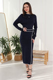 Midi dress with a wrap belt attached to the waist, navy blue 