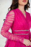 Evening dress with layers of ruffles and embroidered waist, fuchsia color