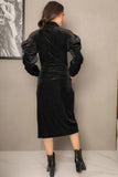 Draped velvet midi dress with shirt design, black 