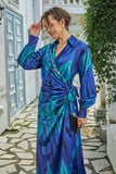 Midi dress with a tie at the waist, decorated with fringes and crystals, blue color