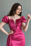 V-neck bodycon evening dress, fuchsia color